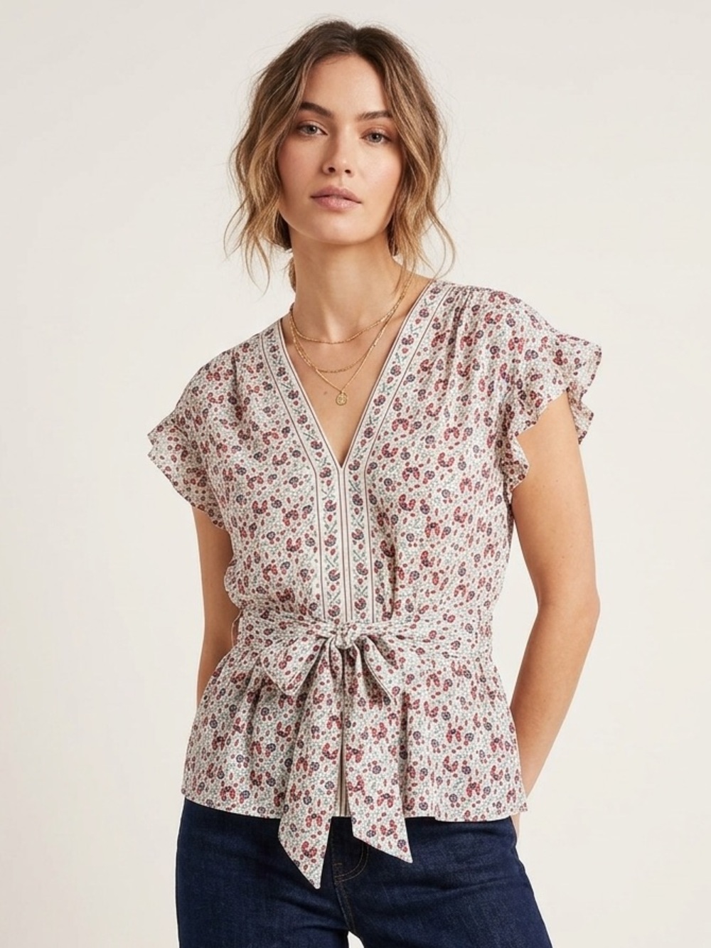 Max Studio Floral Tie Waist Blouse 1X Boho Peplum Top Red Blue Lightweight NWT